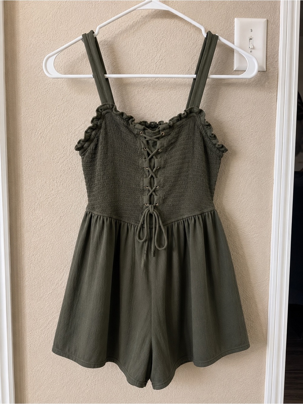 Womens Olive Green Smocked Romper Dress - Sleeveless Casual